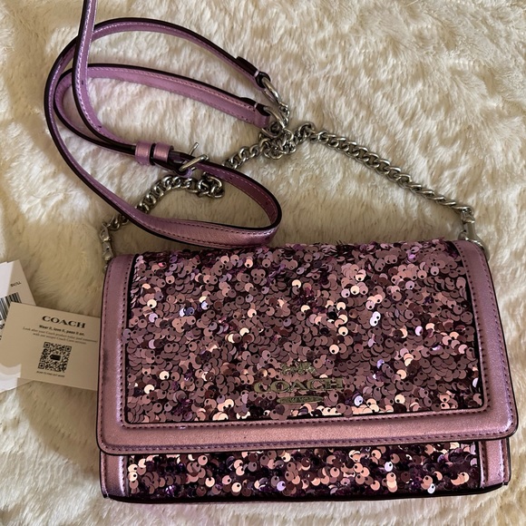 NWT Coach Sequined Bling Square Flip Clutch Pink Metallic Rare $298 - Picture 4 of 11